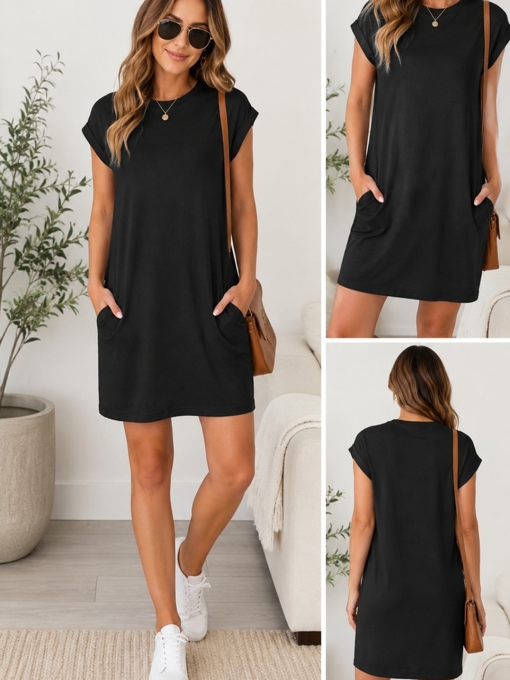 LILLUSORY Women's Black Cap Sleeve T-Shirt Dress Pockets Size Small Casual